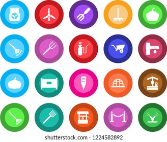 Round color solid flat icon set - fence vector, garden fork, farm, rake, wheelbarrow, well, plant label, pumpkin, greenhouse, sprayer, fertilizer, drip irrigation, windmill