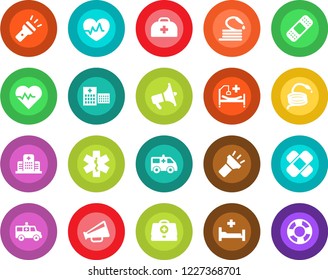 Round color solid flat icon set - hose vector, heart pulse, doctor case, patch, ambulance star, car, hospital bed, loudspeaker, torch, crisis management