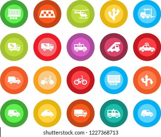 Round color solid flat icon set - taxi vector, alarm car, fork loader, ladder, helicopter, ambulance, bike, route, truck trailer, delivery, moving