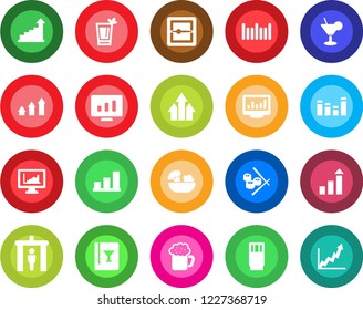Round color solid flat icon set - security gate vector, growth statistic, monitor, barcode, equalizer, scanner, statistics, bar graph, wine card, drink, cocktail, phyto, beer, salad, sushi, arrow up