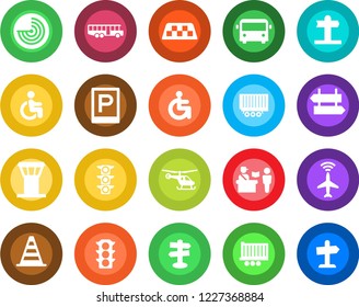 Round color solid flat icon set - airport tower vector, plane radar, taxi, bus, parking, passport control, signpost, border cone, helicopter, disabled, traffic light, truck trailer, guidepost