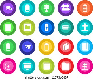 Round color solid flat icon set - signpost vector, notepad, presentation board, wheelbarrow, battery, low, folder, charge, blank box, guidepost