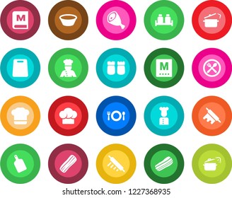 Round color solid flat icon set - cook vector, cafe, hat, menu, bacon, salt and pepper, ham, bowl, rolling pin, cutting board, steaming pan