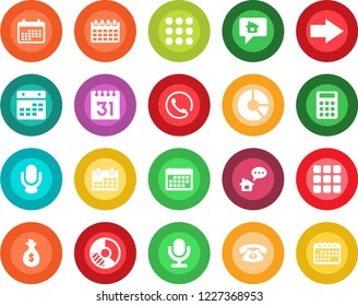 Round color solid flat icon set - right arrow vector, calendar, circle chart, microphone, menu, calculator, phone, home message, money bag