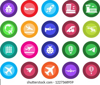 Round color solid flat icon set - plane vector, departure, arrival, ladder car, boarding, helicopter, seat map, globe, airport building, lady bug, rocket, paper, air balloon
