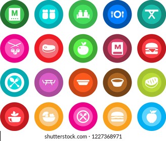 Round color solid flat icon set - spoon and fork vector, picnic table, cafe, menu, salad, salt pepper, steak, hamburger, bowl, sushi, apple fruit