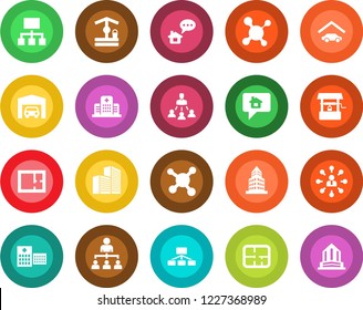 Round color solid flat icon set - hierarchy vector, well, molecule, hospital, office building, garage, plan, home message