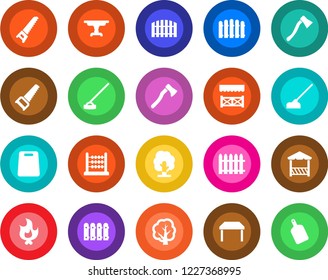 Round color solid flat icon set - fence vector, tree, saw, fire, hoe, axe, abacus, table, alcove, cutting board