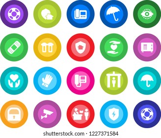 Round color solid flat icon set - passport control vector, security gate, umbrella, safe, glove, patch, heart hand, protect, lock, eye id, intercome, water filter, home, surveillance