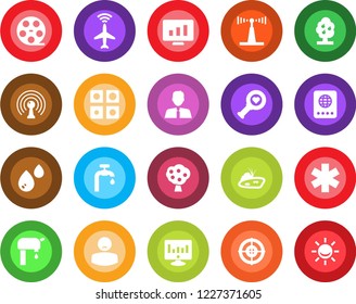 Round color solid flat icon set - plane radar vector, passport, statistic monitor, heart diagnostic, ambulance star, patient, reel, antenna, application, target, pond, water supply, fruit tree