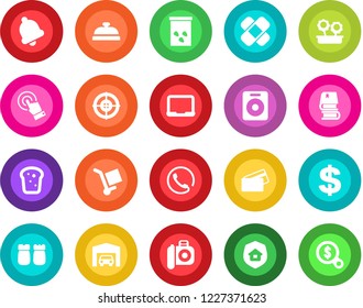 Round color solid flat icon set - dollar sign vector, notebook pc, seeds, patch, cargo, camera, touch screen, speaker, bell, target, book, garage, flower in pot, phone, estate insurance, reception