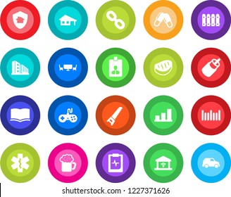 Round color solid flat icon set - identity card vector, book, saw, pills, ambulance star, pulse clipboard, barcode, gamepad, chain, rca, bar graph, house with garage, fence, office building, beer