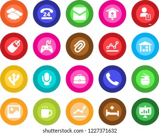 Round color solid flat icon set - clouds vector, bird house, hospital bed, patient, route, 24 hours, warehouse, gamepad, microphone, rca, call, gallery, mail, coffee, paper clip, point graph, copier