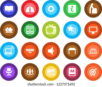 Round color solid flat icon set - tv vector, wireless notebook, baby room, book, office binder, calendar, sun, greenhouse, lungs, monitor, favorites list, chair, company, table, menu, reserved