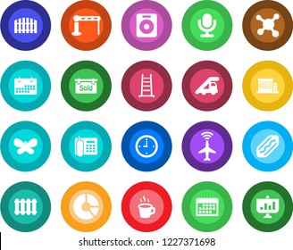 Round color solid flat icon set - plane radar vector, barrier, ladder car, circle chart, butterfly, molecule, microphone, speaker, calendar, coffee, clock, office phone, fence, sold signboard