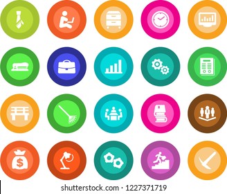 Round color solid flat icon set - gear vector, money bag, rake, bench, case, clock, monitor statistics, bar graph, desk lamp, meeting, tie, archive box, contract, career ladder, book, stapler