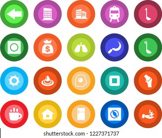 Round color solid flat icon set - train vector, left arrow, money bag, coffee, sun, sickle, lungs, joint, stop button, record, compass, house, office building, city, ladle, omelette, water, fridge