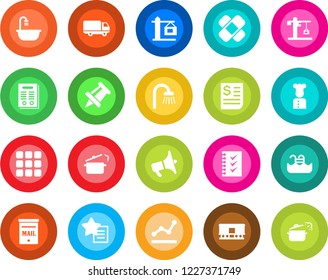 Round color solid flat icon set - drawing pin vector, patch, car delivery, receipt, railroad, loudspeaker, favorites list, menu, checklist, point graph, contract, pool, mailbox, bathroom, crane