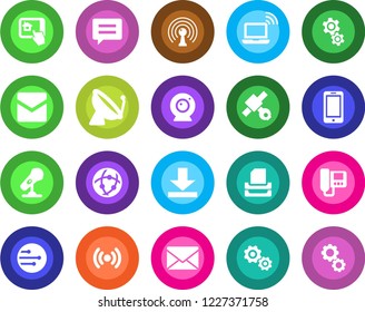 Round color solid flat icon set - satellite antenna vector, wireless notebook, mobile phone, mail, microphone, message, network, download, paper tray, web camera, intercome, home control app, gear