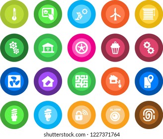 Round color solid flat icon set - mobile tracking vector, smart home, control, chip, fan, wireless lock, app, gear, thermometer, energy saving bulb, outdoor lamp, jalousie, garage gate, sun panel