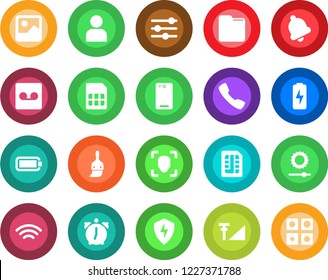 Round color solid flat icon set - phone back vector, call, gallery, protect, tuning, themes, user, alarm, bell, record, sim, folder, wireless, brightness, face id, cellular signal, battery, charge