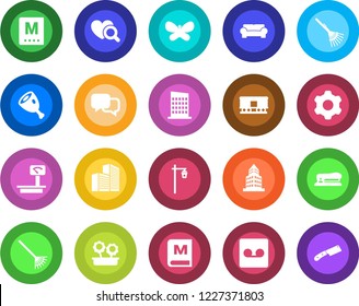 Round color solid flat icon set - rake vector, butterfly, garden light, heart diagnostic, heavy scales, railroad, dialog, settings, record, office building, stapler, cushioned furniture, city house