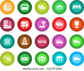 Round color solid flat icon set - airport bus vector, escalator, waiting area, border cone, helicopter, seat map, building, ambulance car, cargo container, consolidated, fragile, warehouse, moving