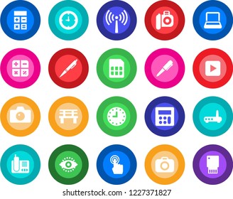 Round color solid flat icon set - antenna vector, camera, calculator, pen, bench, clock, touch screen, radio phone, play button, sim, eye id, notebook pc, router, usb flash
