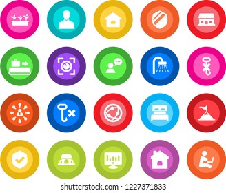 Round color solid flat icon set - baggage conveyor vector, shower, hierarchy, statistic monitor, house, seedling, no hook, shield, network, speaker, user, bedroom, cafe building, eye scan