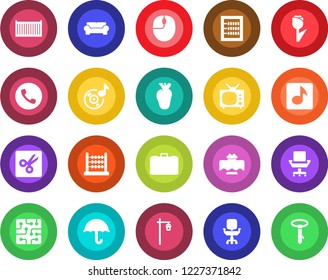 Round color solid flat icon set - phone vector, case, mouse, garden light, real heart, cargo container, umbrella, tulip, cut, music, abacus, office chair, cushioned furniture, tv, restaurant table