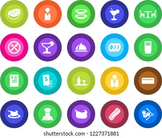Round color solid flat icon set - cafe vector, waiter, cook, dish, alcohol, reserved, drink, cocktail, plates, bacon, restaurant receipt, chicken, steak, sushi