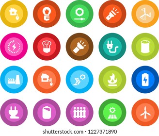 Round color solid flat icon set - bulb vector, fire, oil barrel, torch, brightness, battery, charge, windmill, factory, home control, power plug, radiator, sun panel