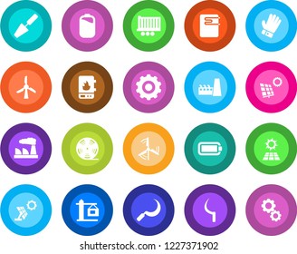 Round color solid flat icon set - gear vector, factory, trowel, glove, sickle, truck trailer, reel, battery, sun panel, windmill, crane, water heater