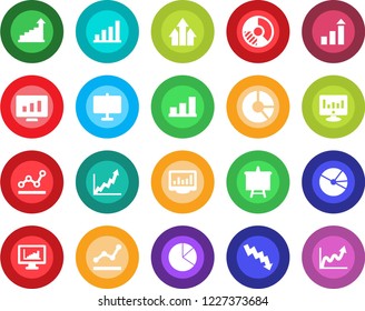 Round color solid flat icon set - growth statistic vector, presentation board, crisis graph, monitor, circle chart, statistics, bar, pie, point, arrow up