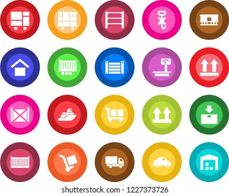 Round color solid flat icon set - sea shipping vector, truck trailer, cargo container, car delivery, consolidated, warehouse storage, up side sign, no hook, package, heavy scales, rack, railroad