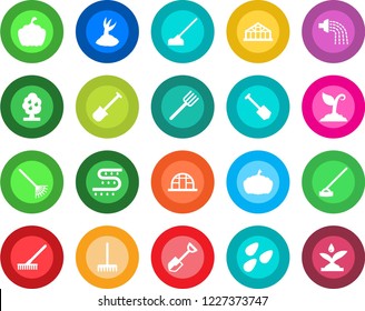 Round color solid flat icon set - job vector, shovel, farm fork, rake, watering, sproute, hoe, pumpkin, greenhouse, seeds, drip irrigation, fruit tree