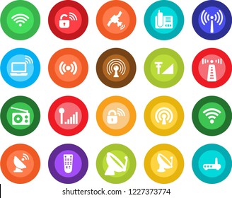 Round color solid flat icon set - antenna vector, satellite, wireless notebook, radio, remote control, phone, cellular signal, lock, router