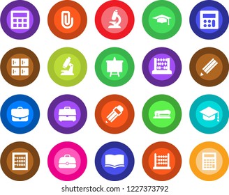 Round color solid flat icon set - checkroom vector, book, graduate, abacus, presentation board, microscope, calculator, case, paper clip, pencil, stapler