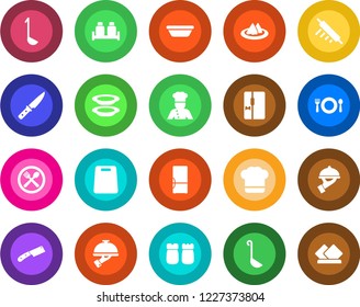 Round color solid flat icon set - fridge vector, cook, serviette, cafe, hat, plates, waiter, salt and pepper, ladle, bowl, rolling pin, cutting board, knife