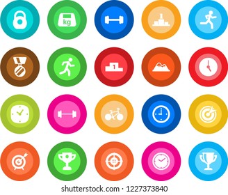 Round color solid flat icon set - medal vector, barbell, bike, run, heavy, clock, target, mountains, pedestal, award cup