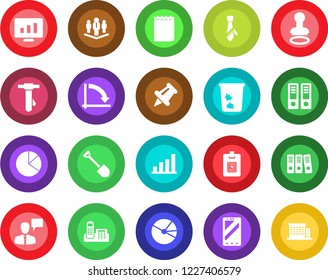 Round color solid flat icon set - trash bin vector, stamp, mobile phone, speaking man, office binder, notepad, tie, crisis graph, job, statistic monitor, paper pin, bar, pie, identity card, company