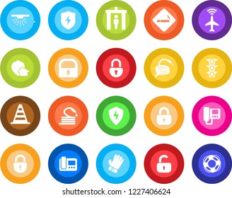 Round color solid flat icon set - plane radar vector, security gate, smoking place, border cone, lock, glove, hose, traffic light, protect, intercome, home, sprinkler, crisis management