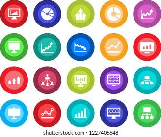 Round color solid flat icon set - statistic monitor vector, circle chart, pulse, statistics, presentation board, bar graph, pie, point, hierarchy, arrow up, growth, crisis