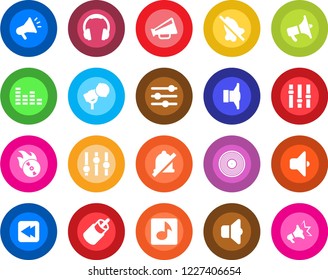 Round color solid flat icon set - vinyl vector, flame disk, microphone, speaker, loudspeaker, settings, equalizer, headphones, rewind, rca, tuning, mute, music, sound, advertising