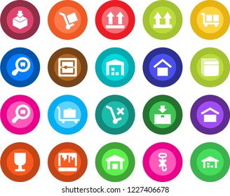 Round color solid flat icon set - baggage trolley vector, fragile, cargo, warehouse storage, up side sign, no, hook, package, search, scanner, blank box