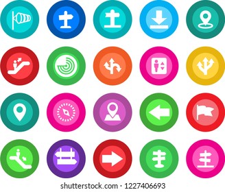 Round color solid flat icon set - elevator vector, escalator, signpost, right arrow, left, wind, radar, route, pin, download, place tag, compass, flag, guidepost