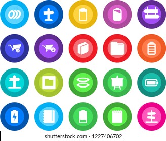 Round color solid flat icon set - signpost vector, notepad, presentation board, wheelbarrow, battery, low, folder, charge, blank box, plates, guidepost