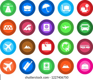 Round color solid flat icon set - plane vector, runway, taxi, suitcase, baggage trolley, airport bus, umbrella, passport, ladder car, luggage scales, globe, mountains, case