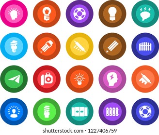 Round color solid flat icon set - automatic door vector, brainstorm, bulb, camera, pencil, fence, rolling pin, energy saving, shining head, idea, paper plane, crisis management
