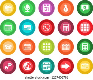 Round color solid flat icon set - right arrow vector, calendar, circle chart, microphone, menu, calculator, phone, home message, money bag